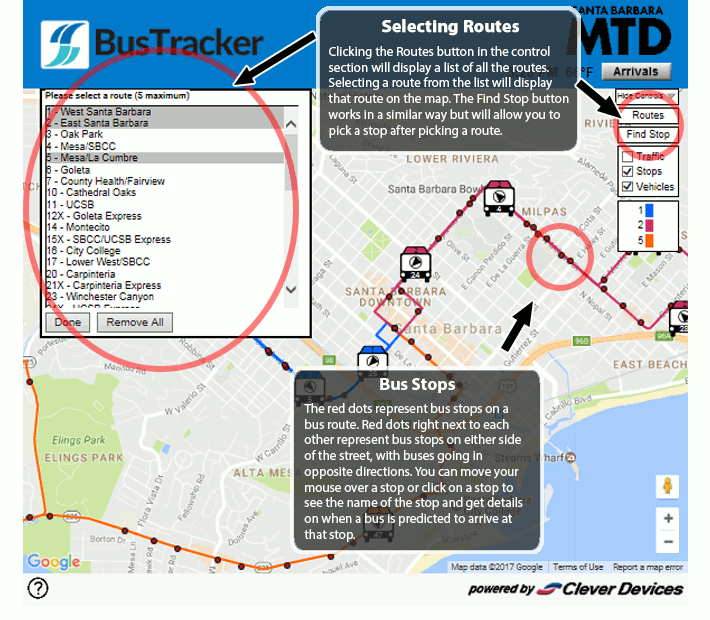 Selecting Routes - Clicking the Routes button in the control section will display a list of all the SBMTD routes.  Selecting a route from the list will display that route on the map.  The Find Stop button works in a similar way but will allow you to pick a stop after picking a route.
